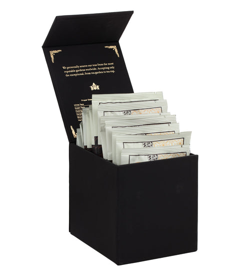 Harney & Sons Harney Heritage – Herbal & Decaf Wrapped Sachet Sampler Black Box featuring 18 assorted tea sachets in a black box.