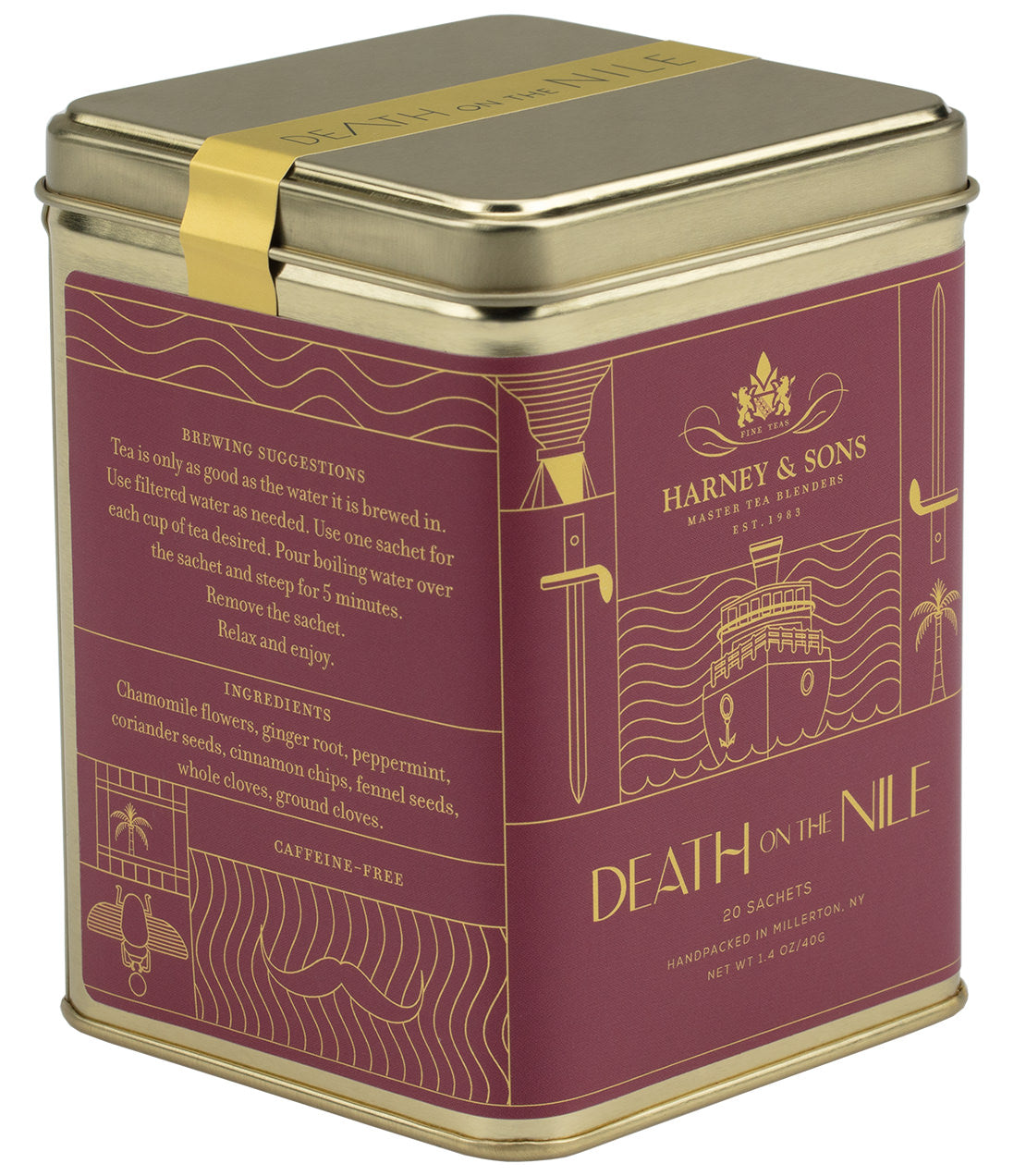 Harney & Sons Death on the Nile, Tin of 20 Sachets, featuring premium tea sachets for brewing 12 oz. cups of tea.