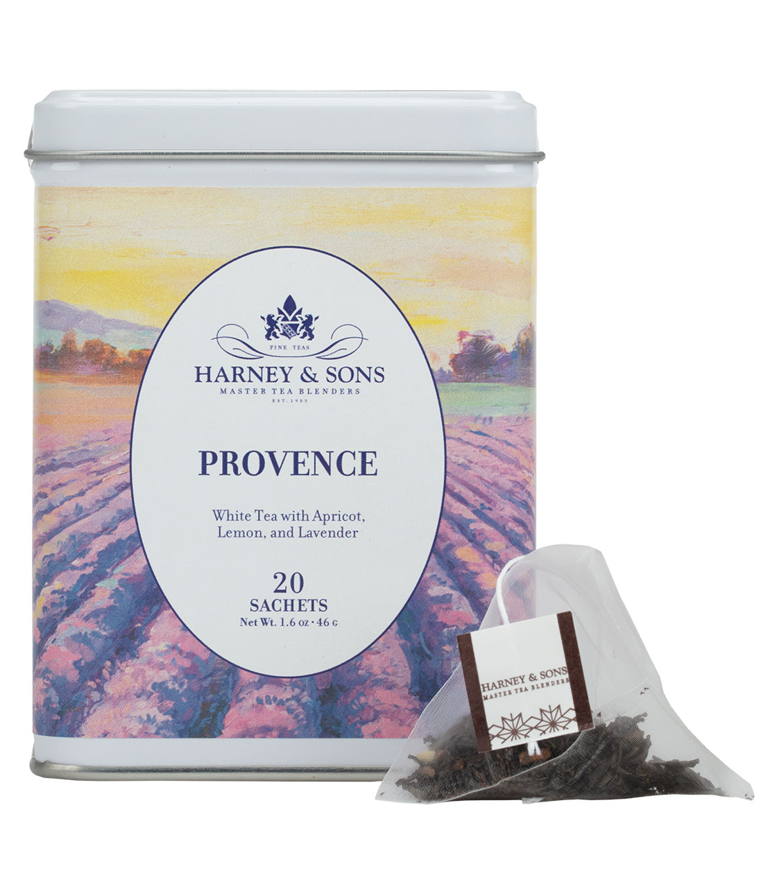 Harney & Sons Provence, Tin of 20 Sachets with an assortment of tea sachets displayed in a tin container.