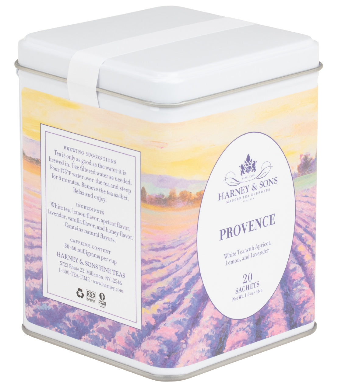Harney & Sons Provence, Tin of 20 Sachets, features a colorful tin with tea sachets inspired by lavender, apricots, and lemons.