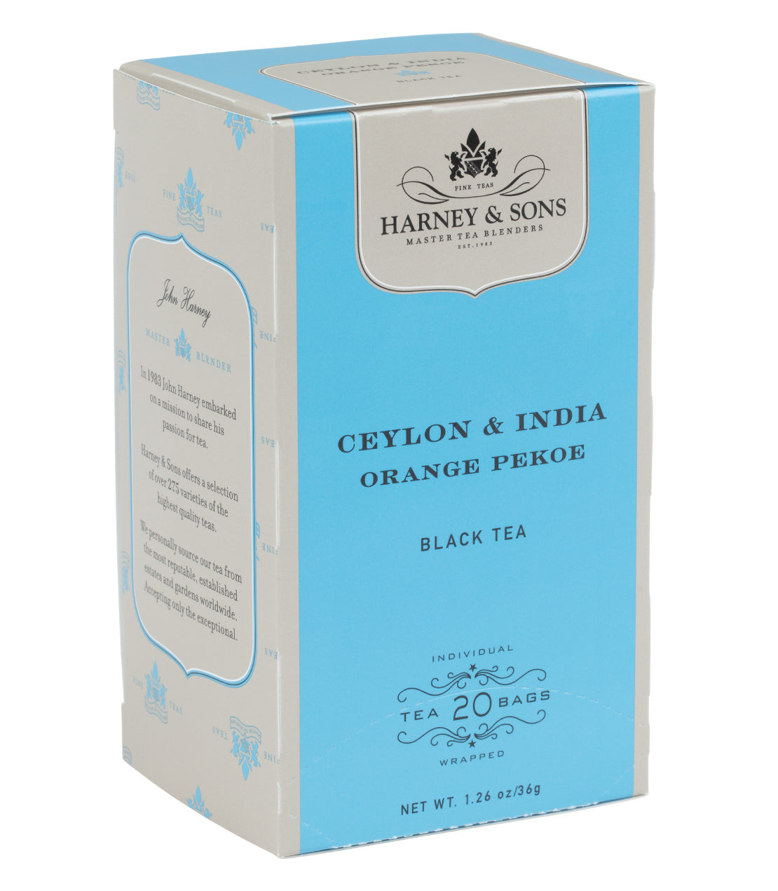 Harney & Sons Orange Pekoe, Box of 20 Premium Teabags, featuring individually wrapped teabags for brewing Ceylon and Assam tea.