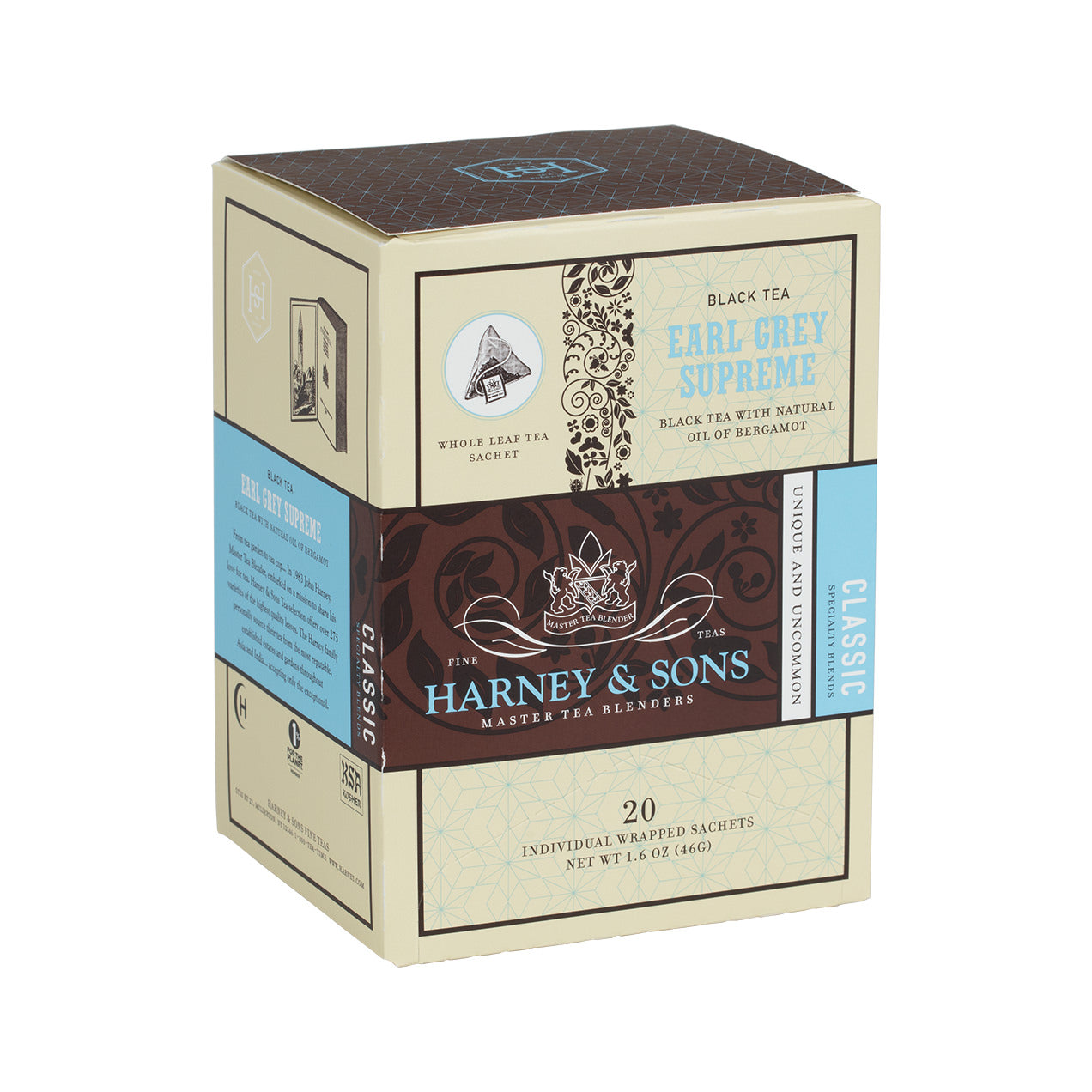 Harney & Sons Earl Grey Supreme wrapped sachets in a box, 20 count, displayed on a white background.