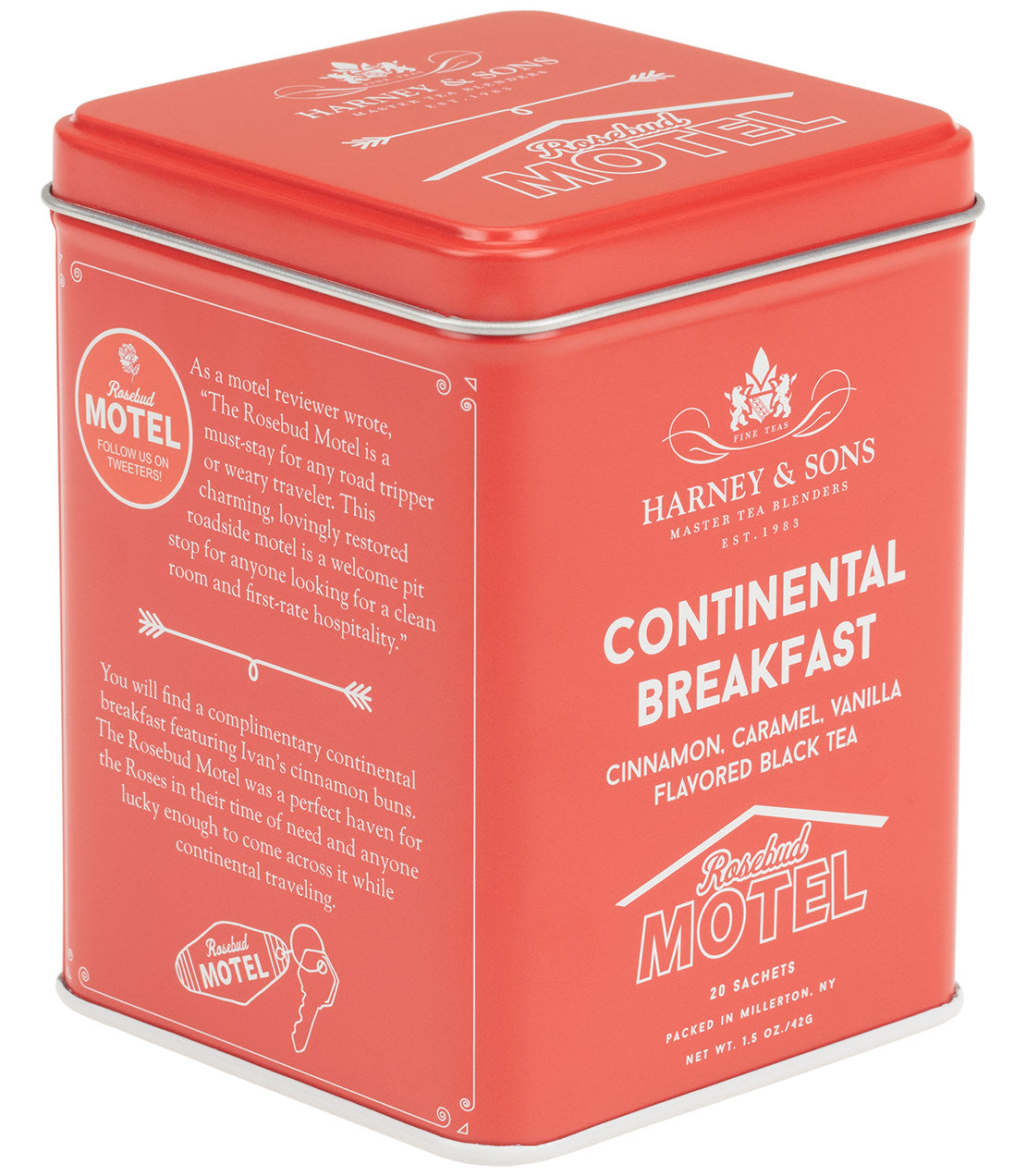 Harney & Sons Continental Breakfast, Tin of 20 Sachets, shows a tin containing premium tea sachets for a luxurious breakfast experience.