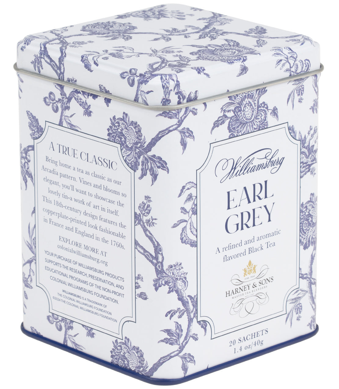 Harney & Sons Williamsburg Earl Grey, Tin of 20 Sachets, featuring an elegant tin with 18th-century Arcadia Pattern design.