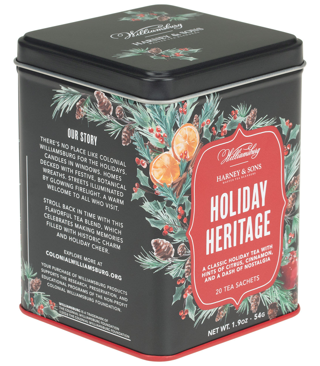 Harney & Sons Williamsburg Holiday Heritage Tea, Tin of 20 Sachets, featuring a tin containing premium tea sachets.