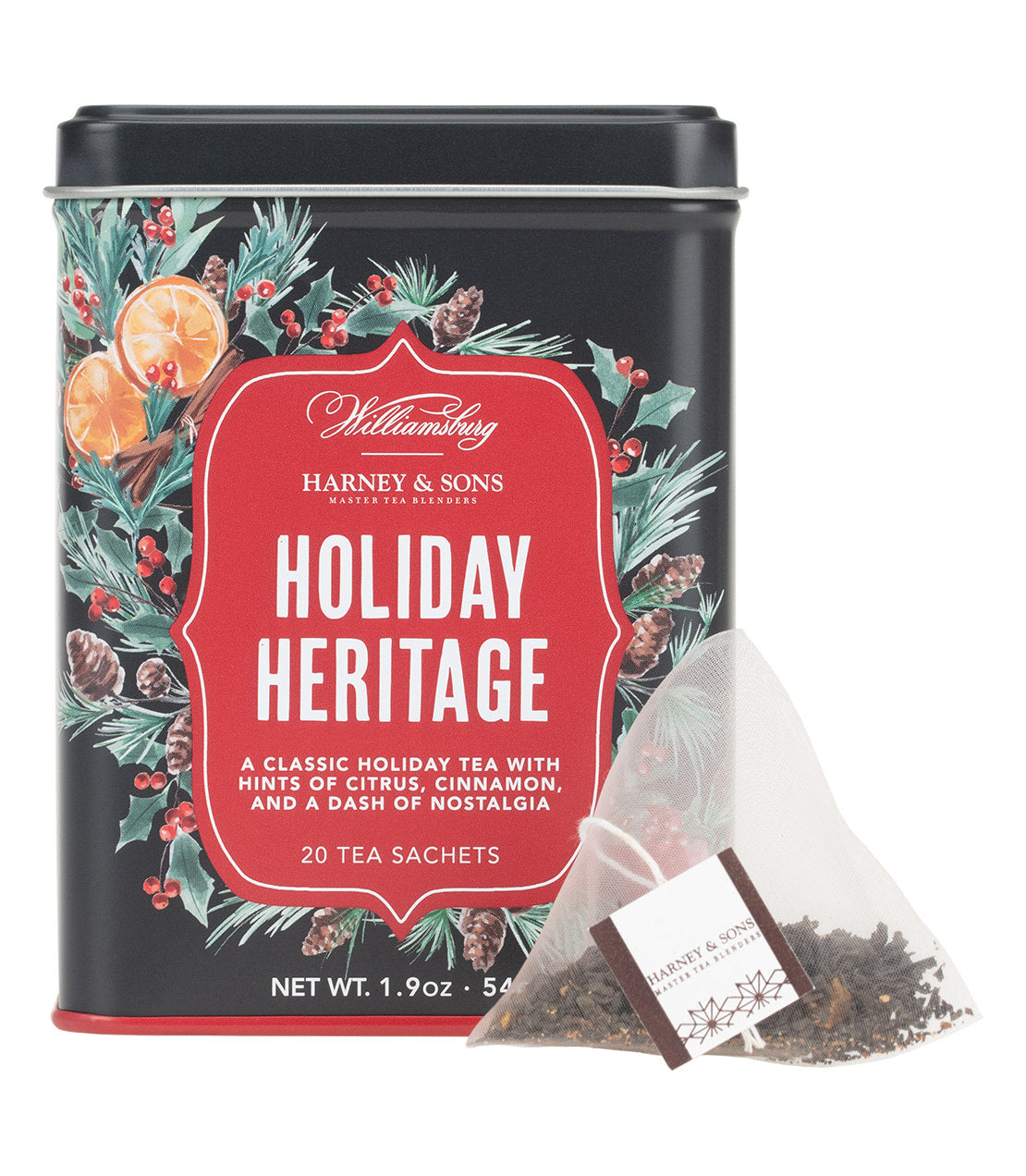 Harney & Sons Williamsburg Holiday Heritage Tea, Tin of 20 Sachets, featuring tea sachets in a festive tin design.