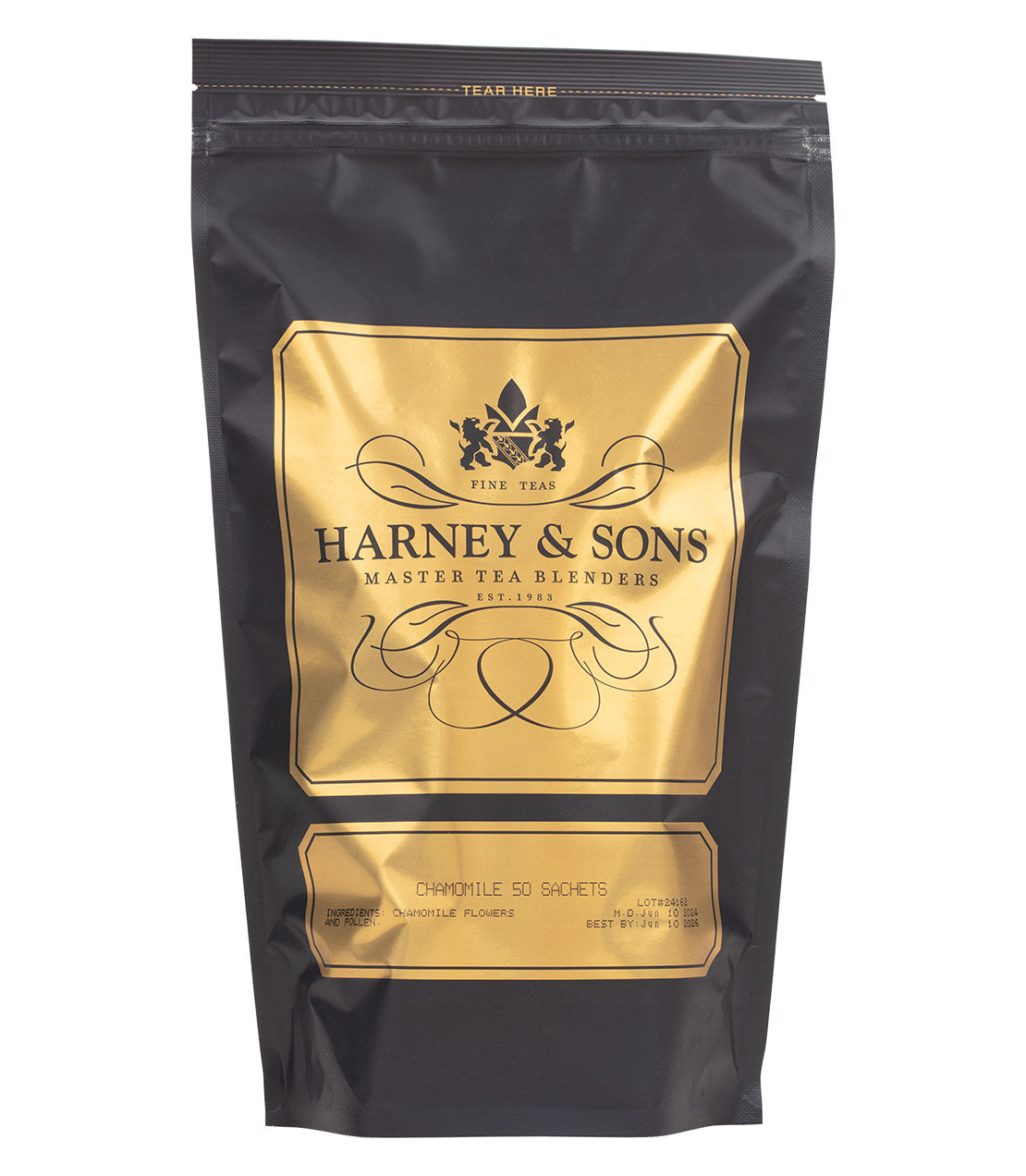 Harney & Sons Chamomile tea sachet bag with 50 count, featuring a yellow and white design, displayed on a white background.