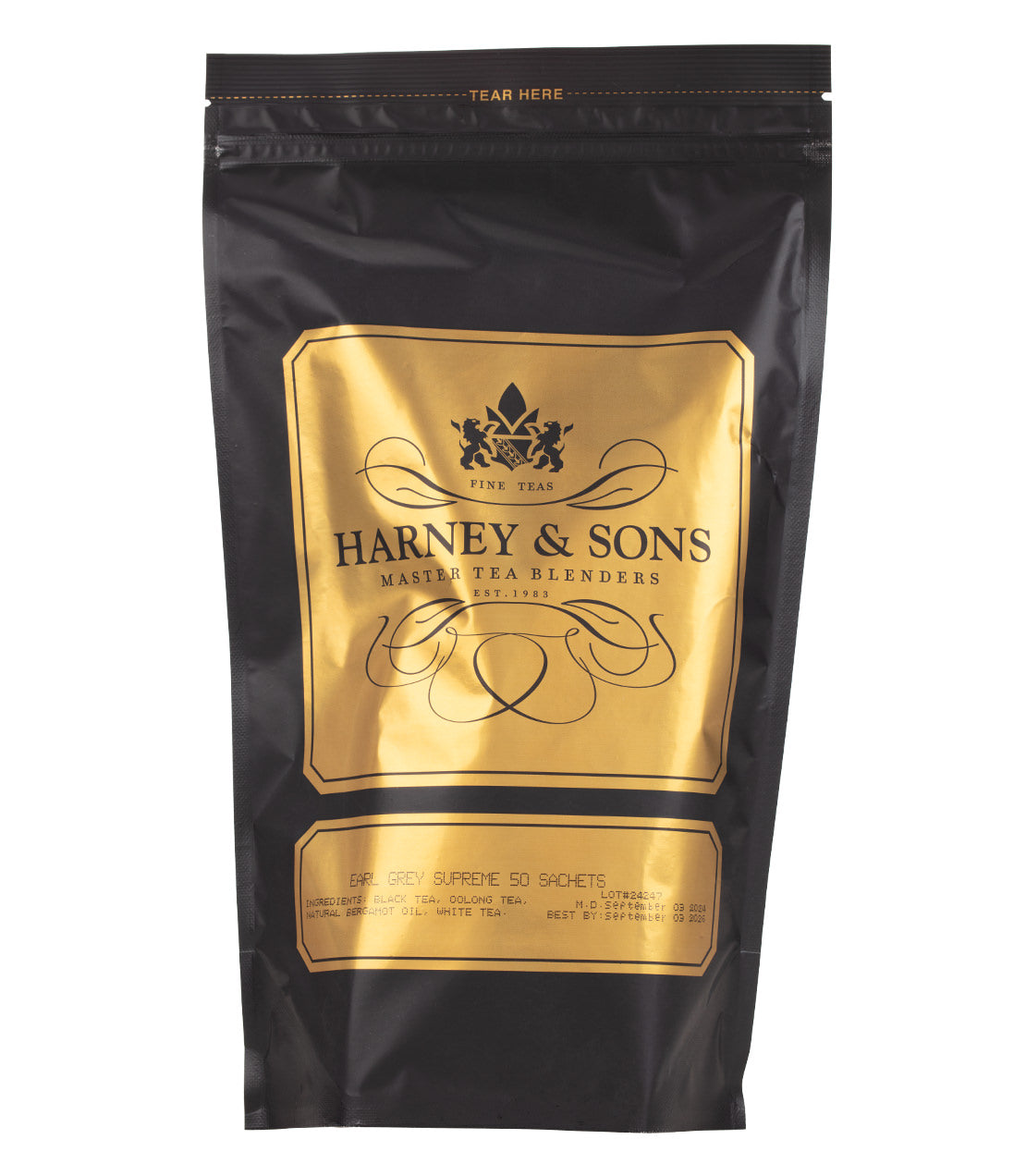 Harney & Sons Earl Grey Supreme 50 Count Sachet Bag featuring a blend of premium black tea and natural bergamot flavor.