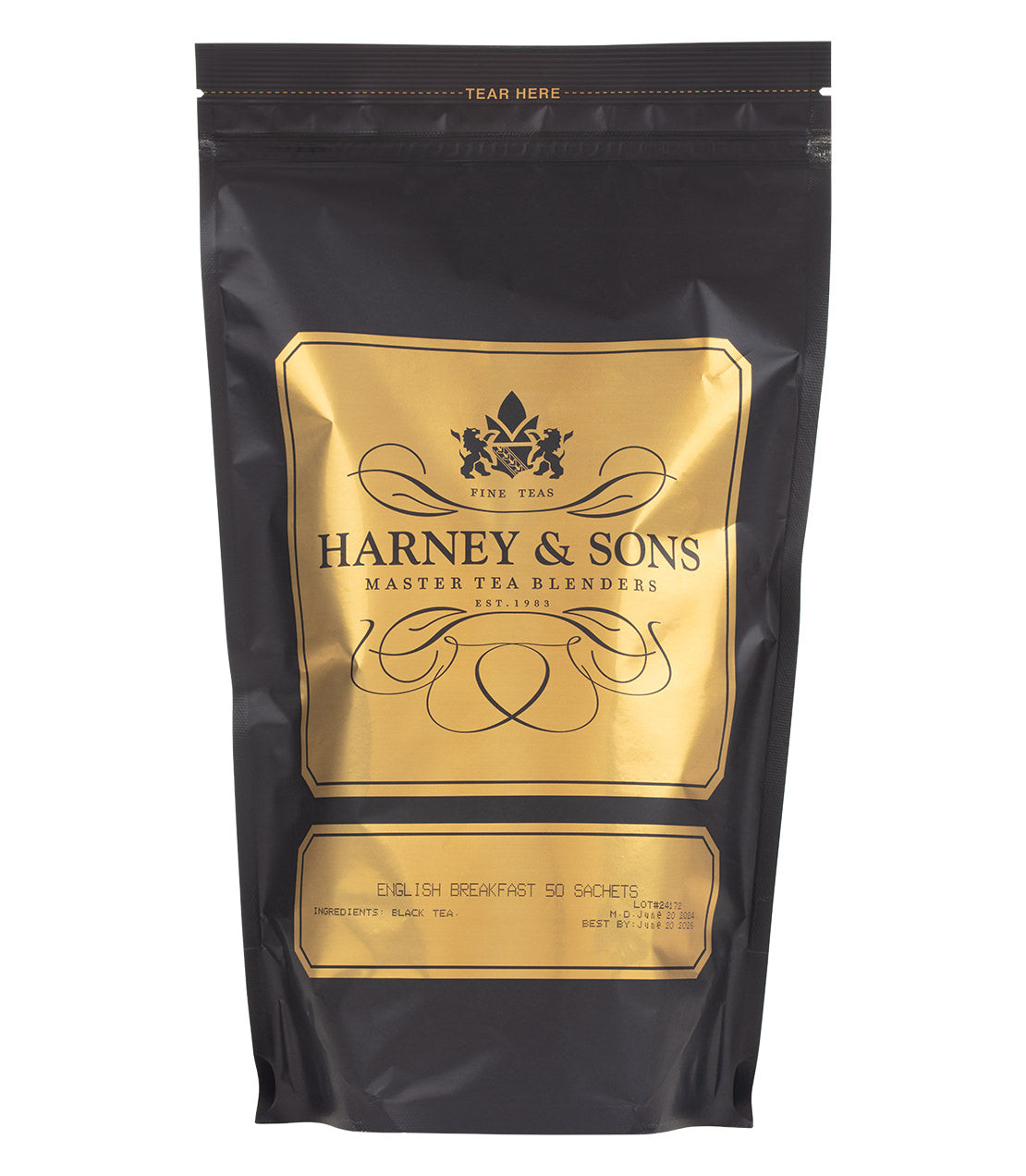 Harney & Sons English Breakfast tea, 50-count sachet bag, displayed in packaging by Harney & Sons