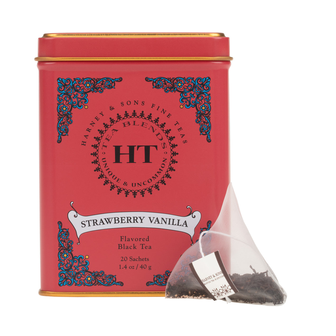 Harney & Sons Strawberry Vanilla, HT Tin of 20 Sachets, displaying the product packaging and sachets inside the tin.