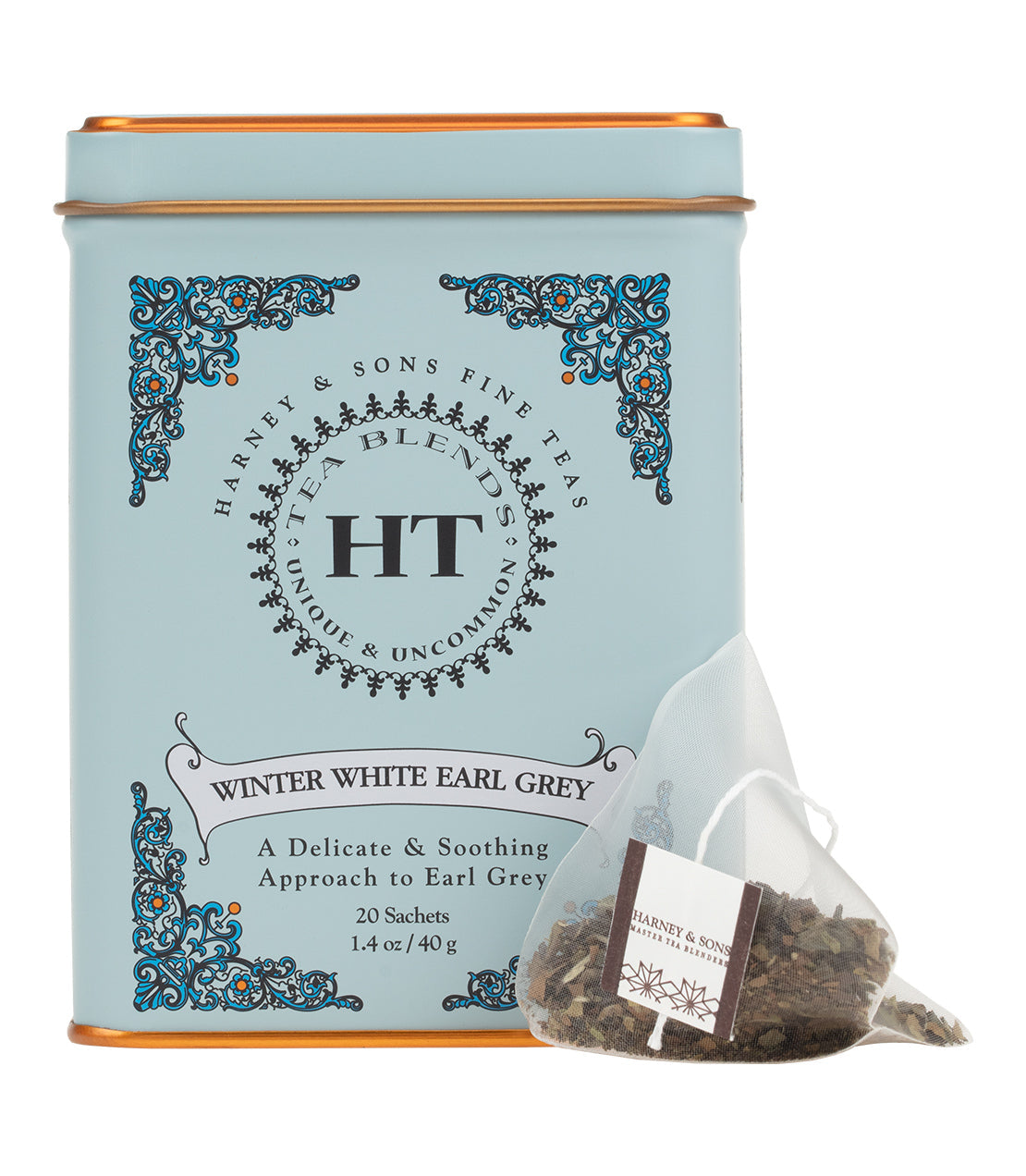 Harney & Sons Winter White Earl Grey, HT Tin of 20 Sachets, shown in a tin packaging with sachets visible.