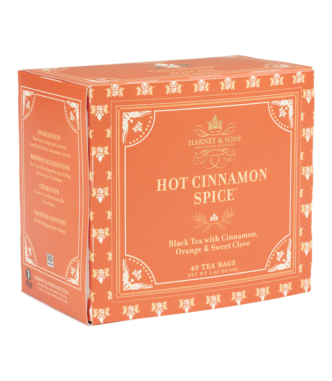 Harney & Sons Hot Cinnamon Spice Premium Teabags in packaging displayed on a white background