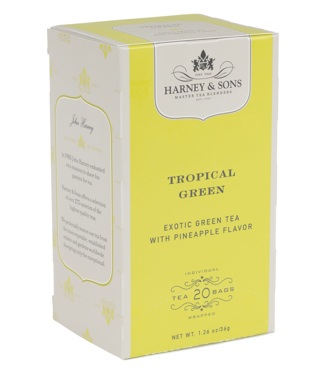 Harney & Sons Tropical Green, Box of 20 Premium Teabags, featuring individually wrapped teabags for brewing aromatic green tea.