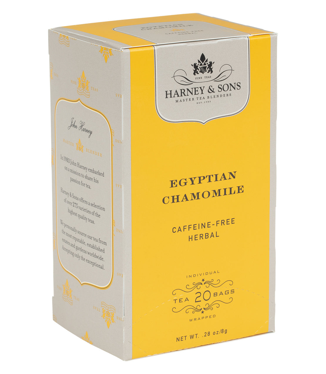 Harney & Sons Egyptian Chamomile, Box of 20 Premium Teabags, featuring individually wrapped teabags for brewing chamomile tea.