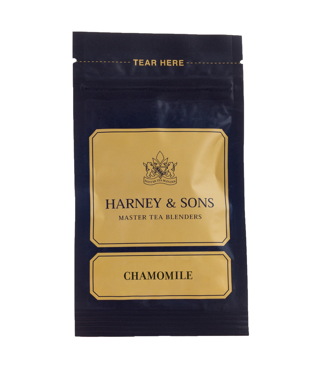 Harney & Sons Chamomile tea sample bags displayed in a clear packaging, showcasing the product's natural chamomile flowers.