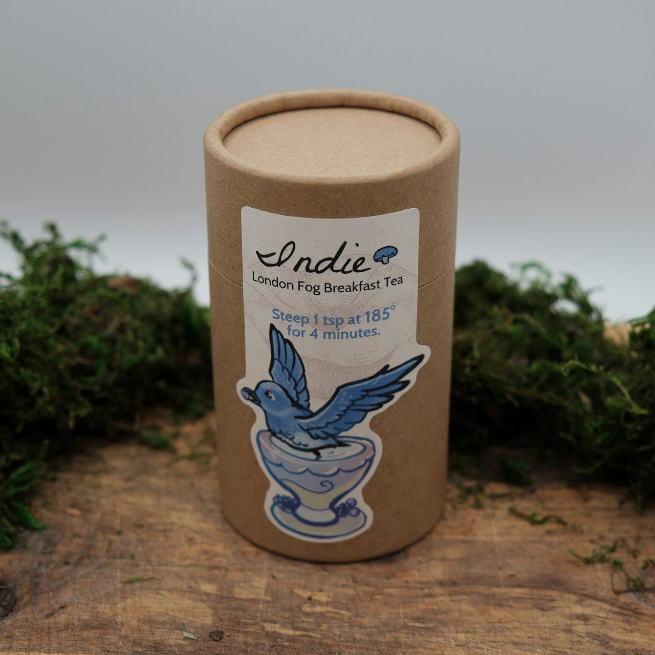 Morelitea Indie's London Fog Earl Grey Loose Leaf Tea displayed in a clear container with loose tea leaves visible.