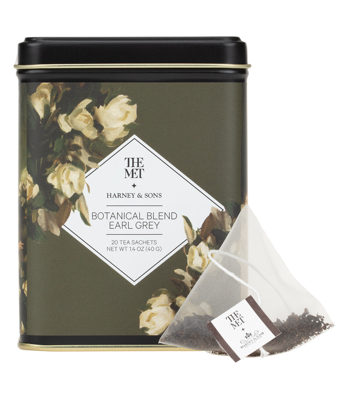 Harney & Sons Botanical Blend Earl Grey, Tin of 20 Sachets, shown in packaging with sachets inside, by Harney & Sons.