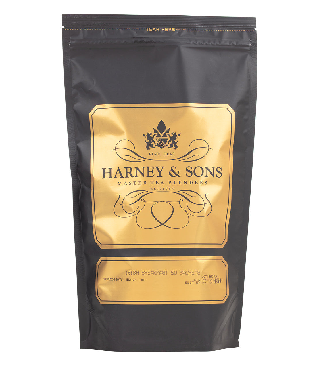 Harney & Sons Irish Breakfast tea sachet bag, 50 count, by Harney & Sons, displayed in product packaging.
