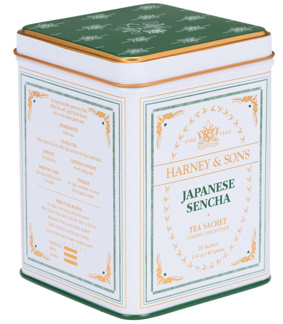 Harney & Sons Japanese Sencha, Classic Tin of 20 Sachets, displayed in a classic tin packaging with sachets visible.