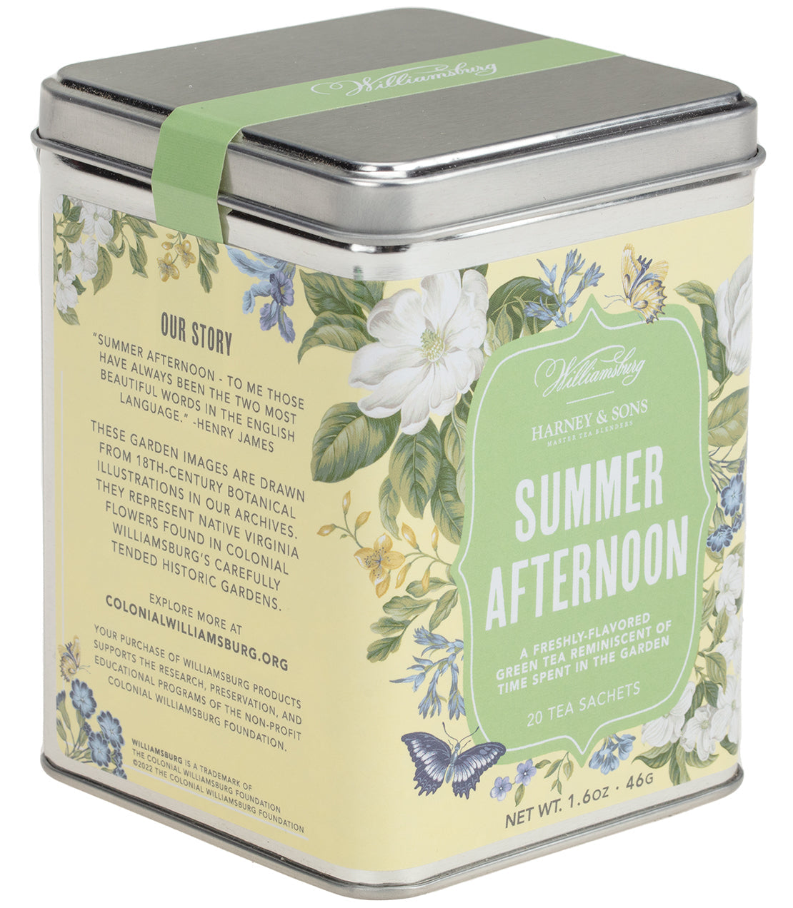 Harney & Sons Williamsburg Summer Afternoon Tea, Tin of 20 Sachets, featuring an assortment of premium tea sachets in a decorative tin.