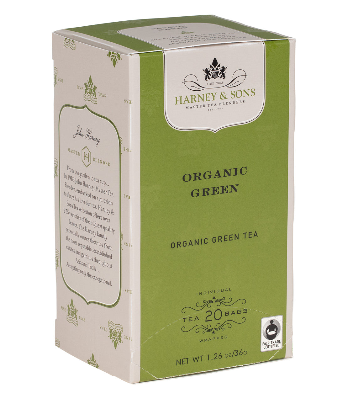 Harney & Sons Organic Green Premium Teabags, 20 individually wrapped teabags in a box, fresh herbal notes, fair trade product.
