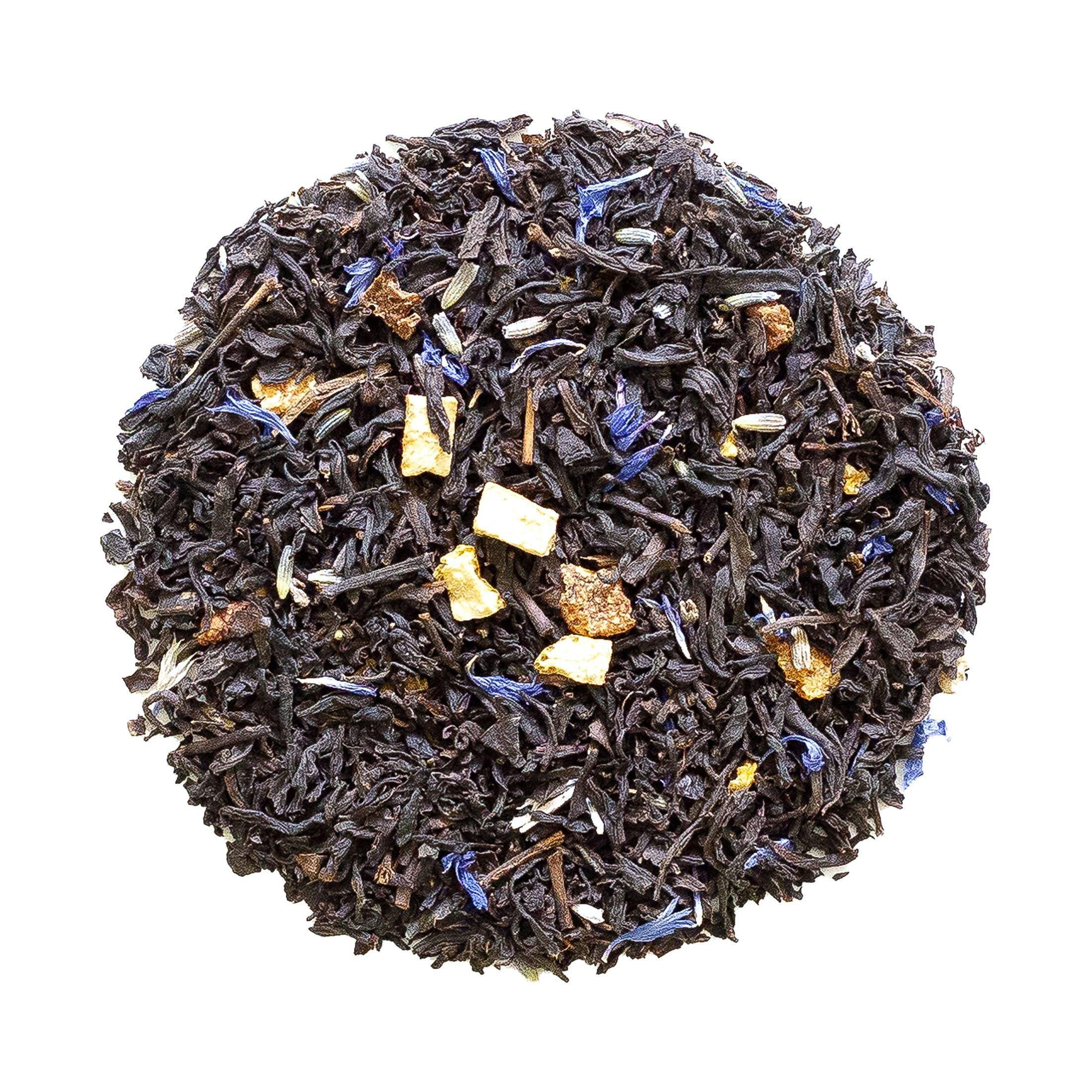 Foghorn Grey Tea by Beach House, showcasing loose tea leaves with lavender and cornflowers for a unique infusion experience.