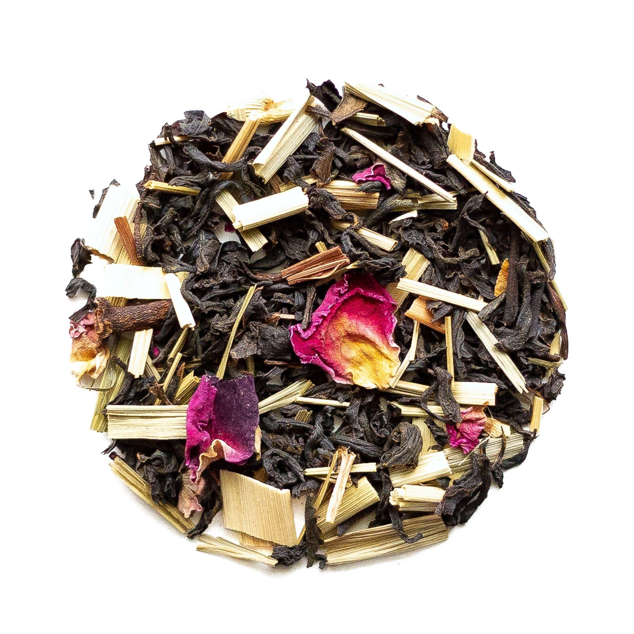 Beach House River City Grey tea blend featuring black tea leaves, cloves, bergamot, rose petals, and lemongrass.