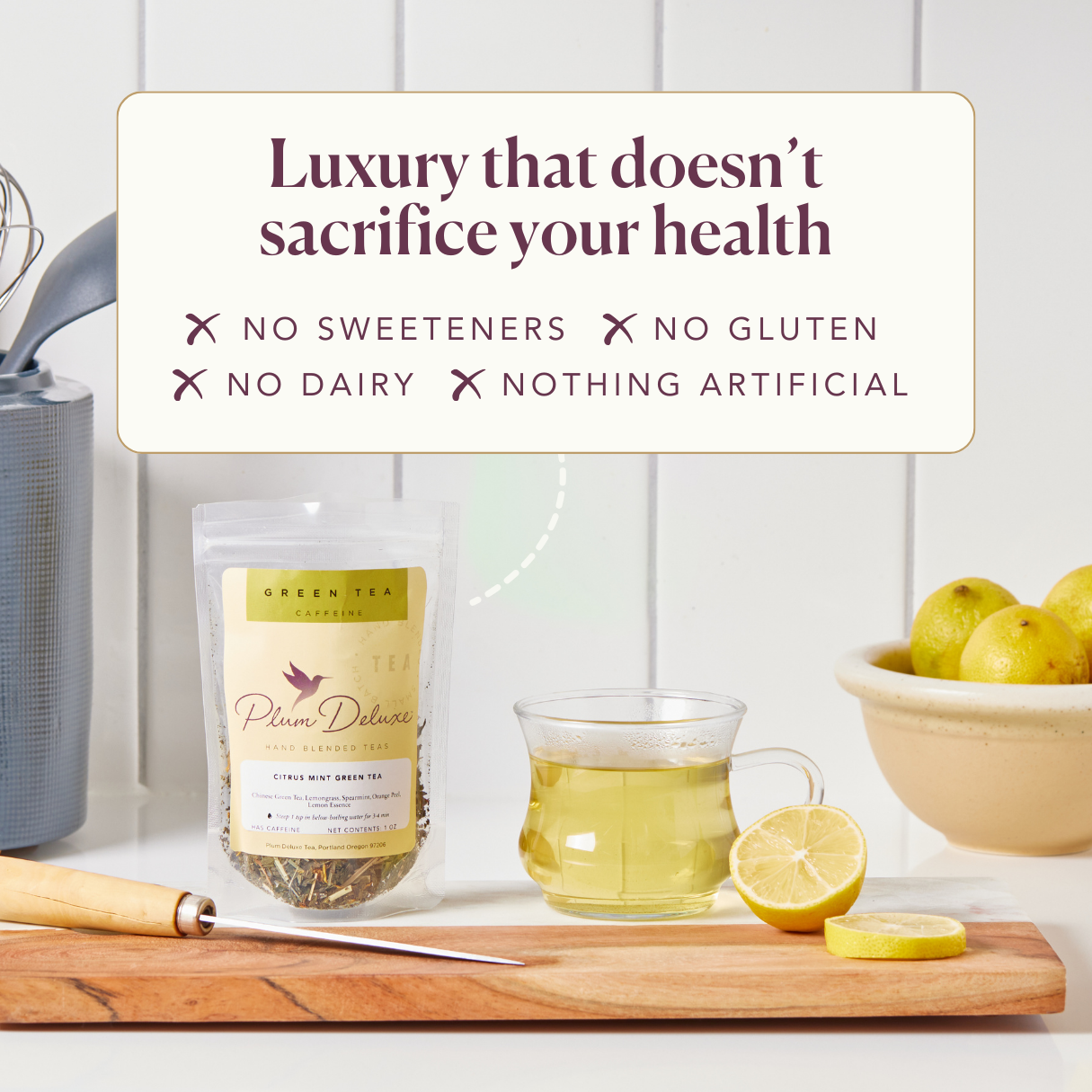 Plum Deluxe Blackberry Mojito Black Tea with lime, maple, and spearmint displayed in a luxury tea setting.