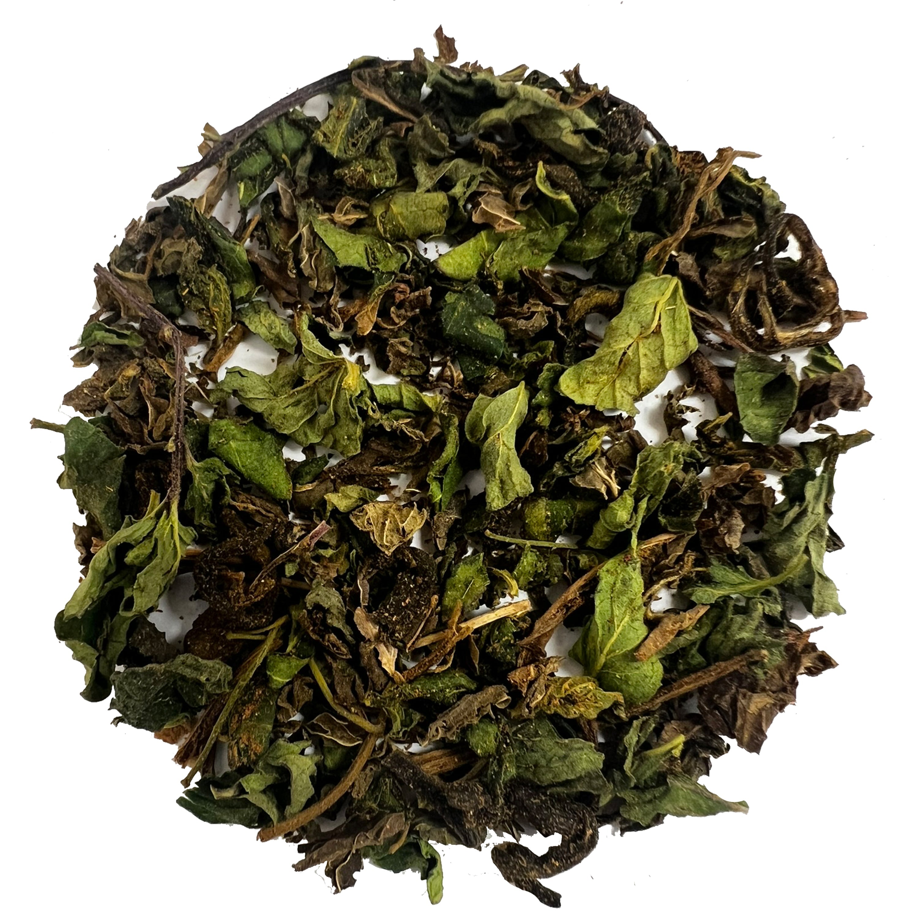 Danfe Spearmint PCOS Power Potion Tea in a circular display, featuring spearmint leaves and a vibrant color scheme.