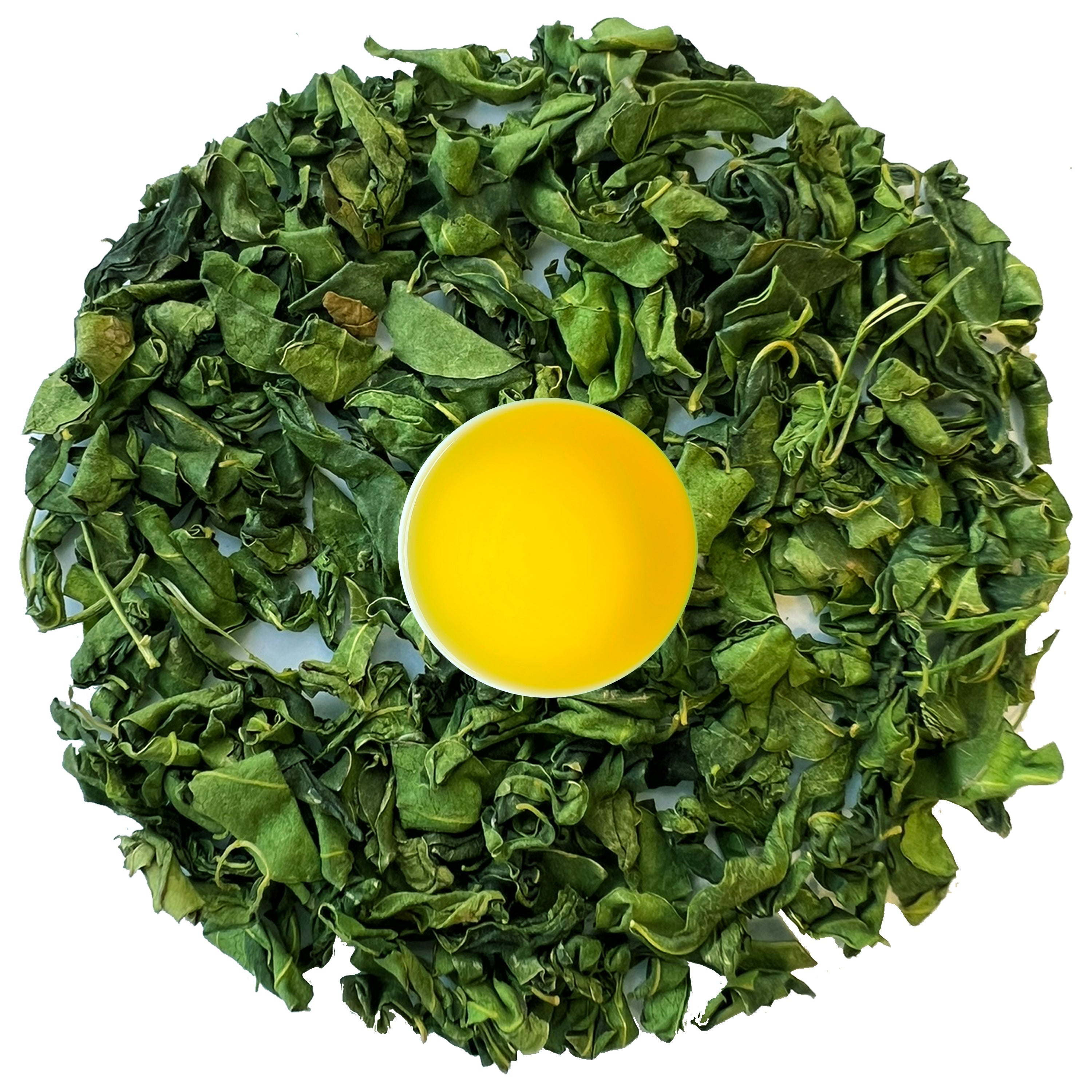 Danfe Himalayan Moringa Tea (Caffeine-Free Superfood Herbal Tea) in a clear cup with brewed tea and loose leaf moringa leaves.