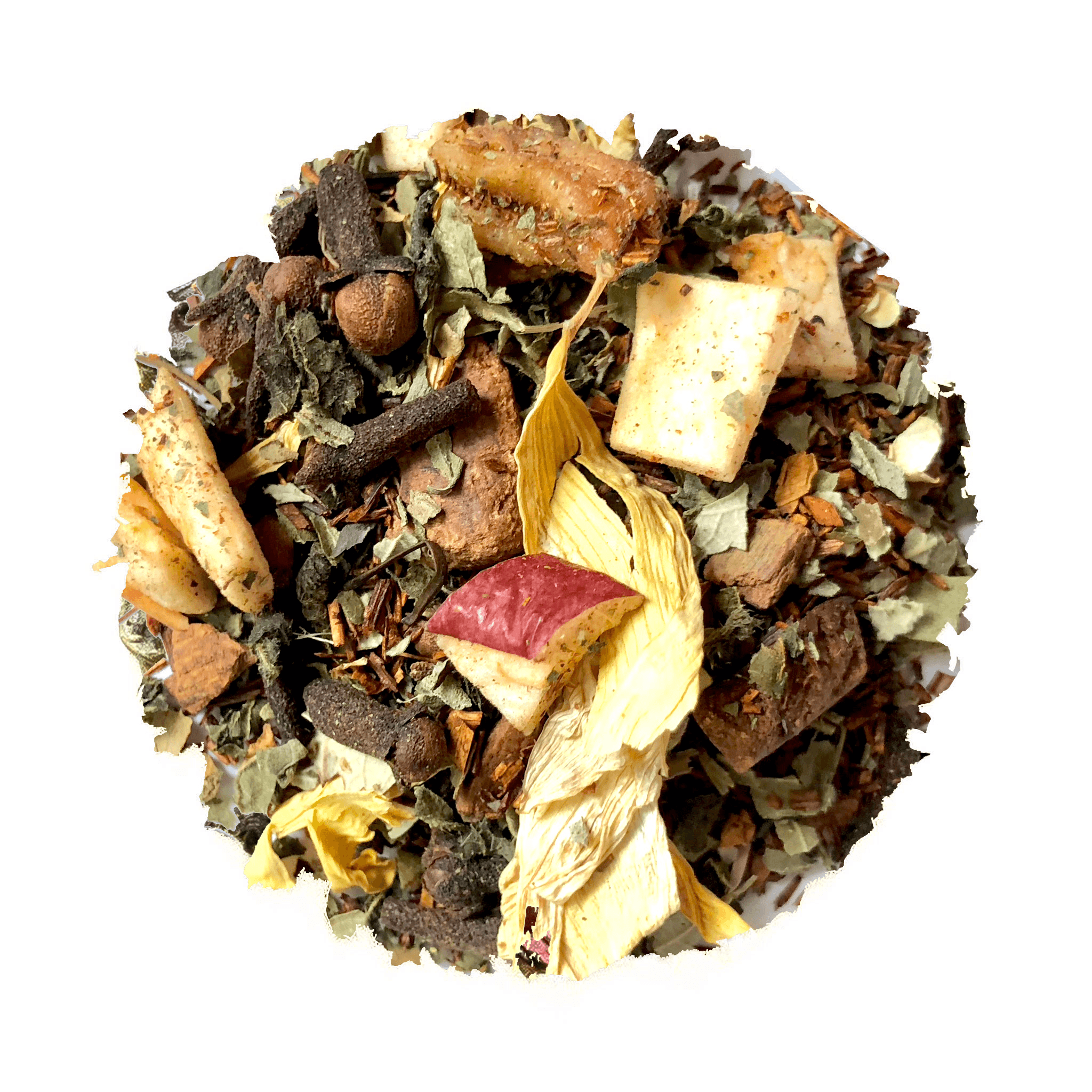 Beach House Apple Orchard Cider loose-leaf tea in a clear cup, showcasing vibrant autumn colors and fresh fruit ingredients.