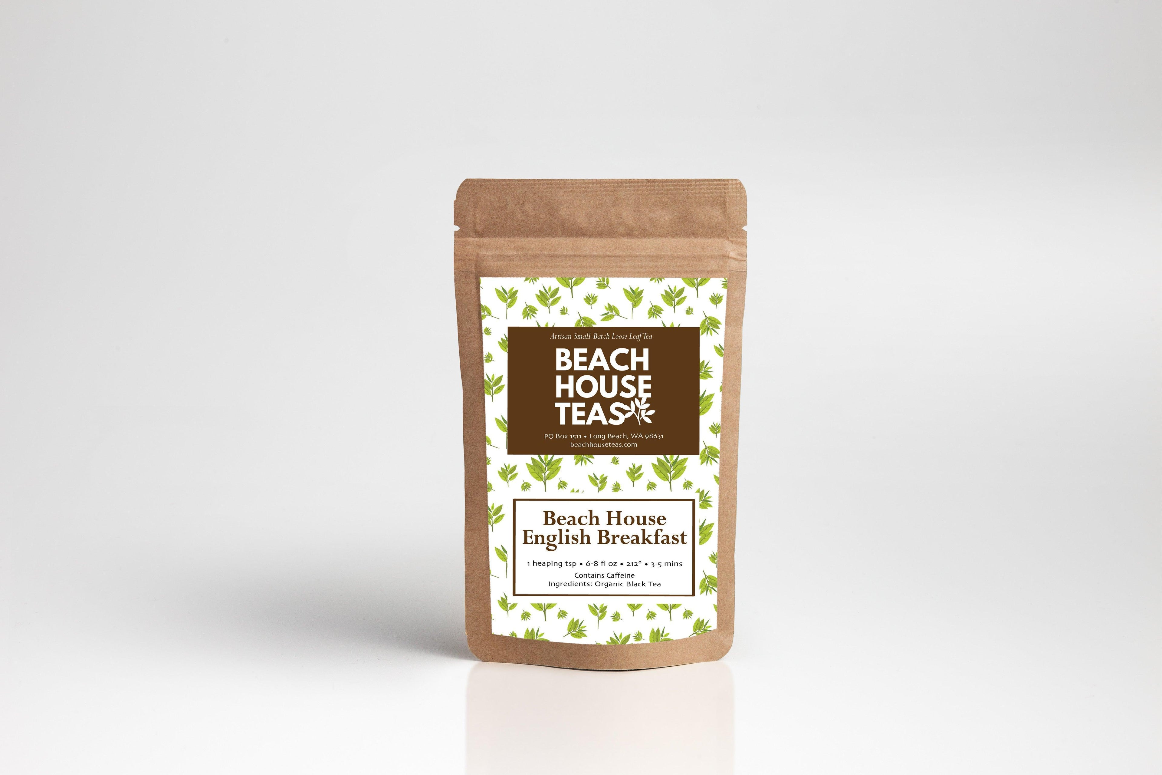 Beach House Beach House English Breakfast tea pouch featuring a colorful design and brand logo, displayed on a white background.