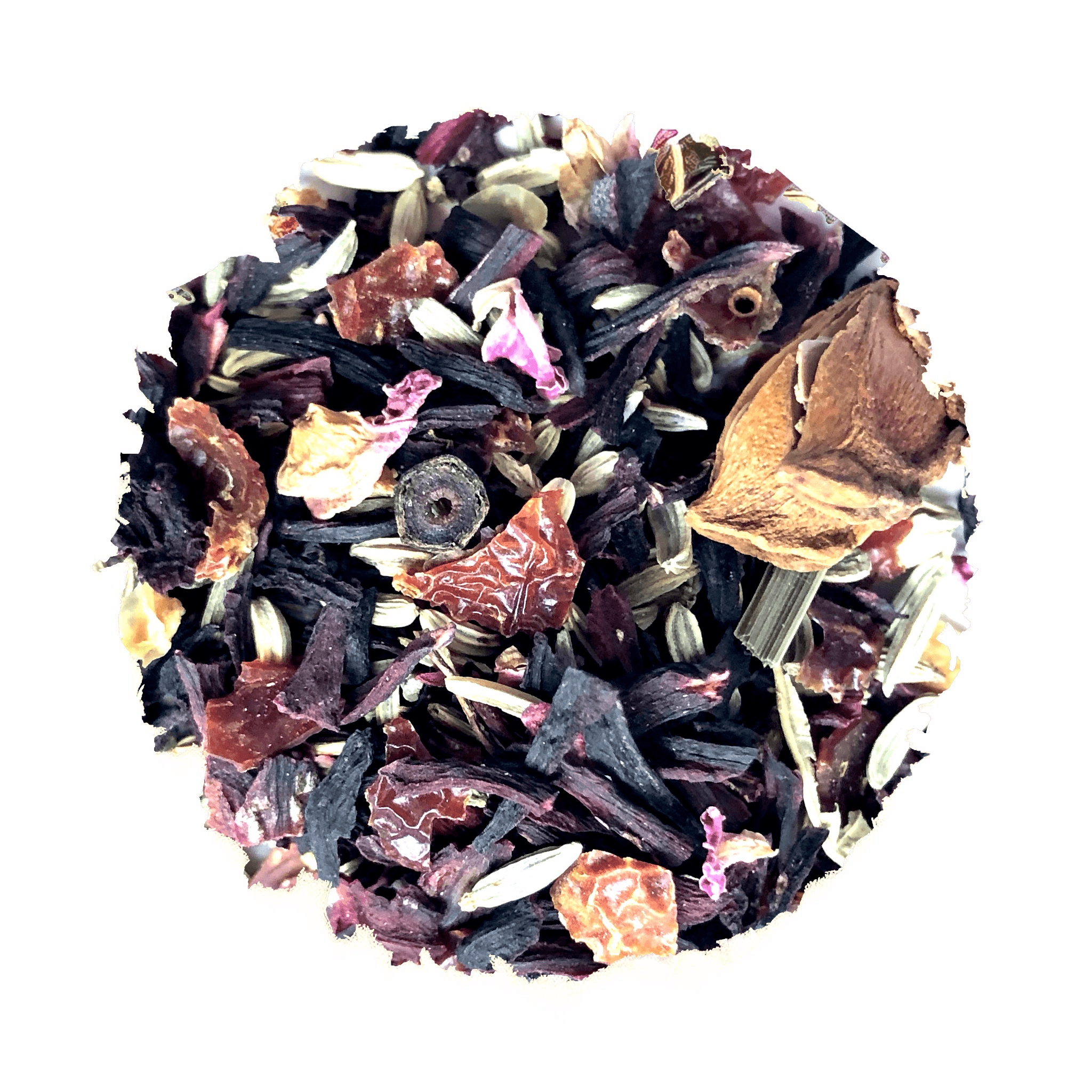 Beach House Beachcomber Herbal Loose Leaf Tea in a loose form with hibiscus, fennel, and rose petals visible in the image.