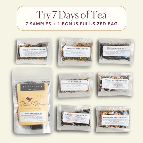 Plum Deluxe Best Sellers Sampler Set featuring 7 tea samples and 1 full-sized tea bag, ideal for tea enthusiasts.