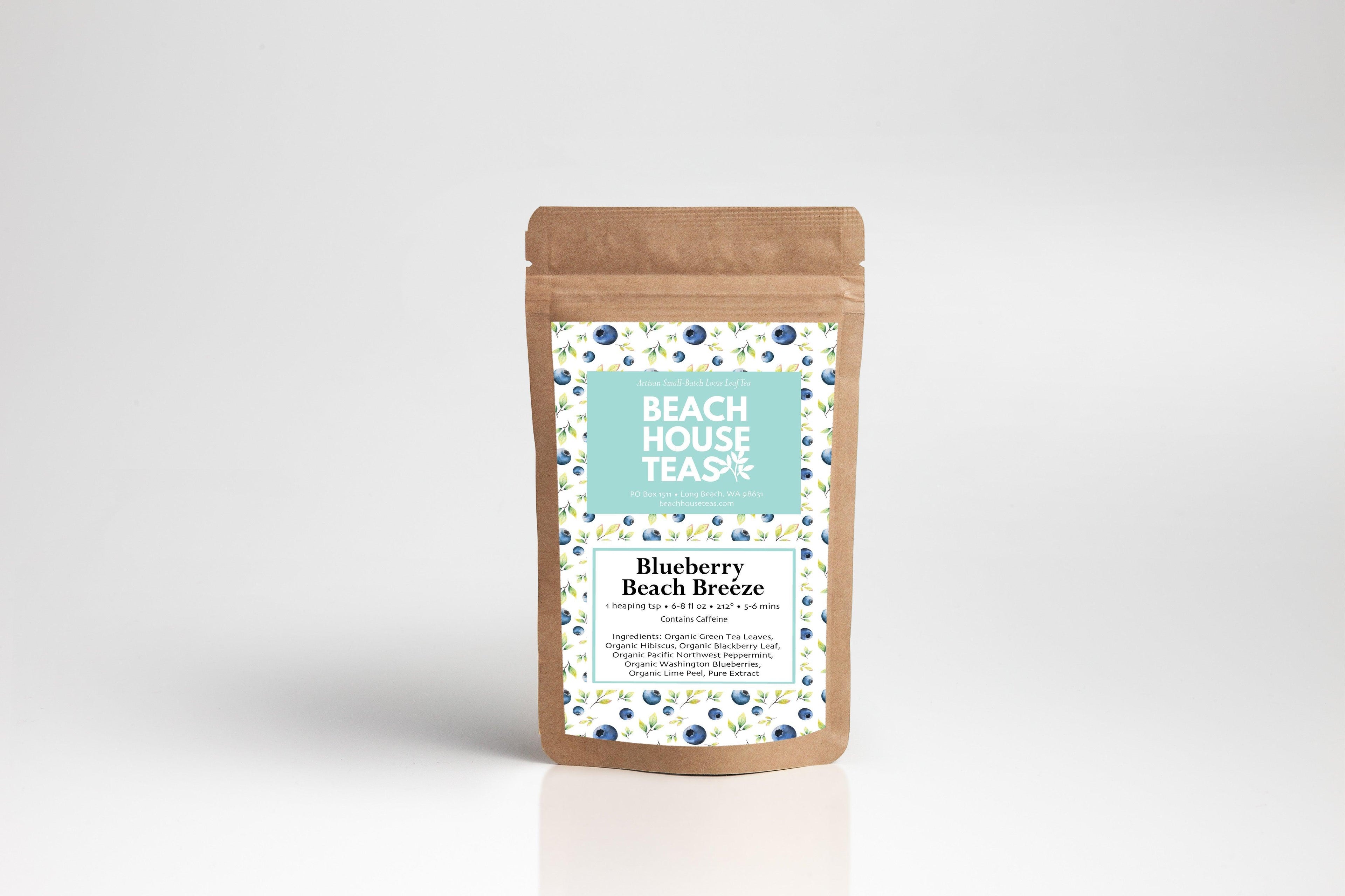 Beach House Blueberry Beach Breeze in a pouch, showcasing a vibrant blueberry design on the packaging.