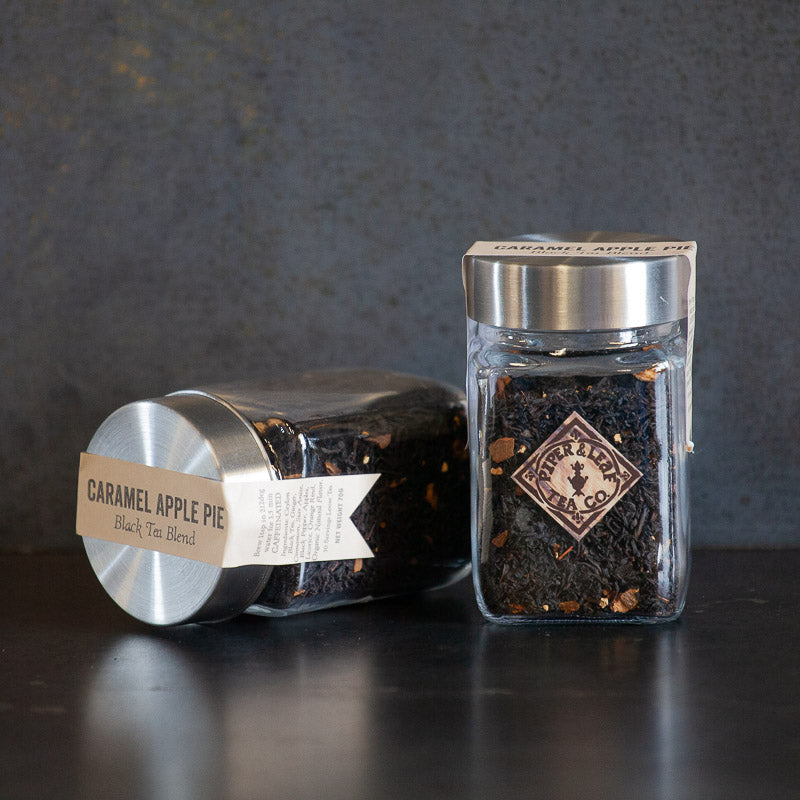 Piper and Leaf Caramel Apple Pie Glass Jar of Loose Leaf Tea - 30 Servings, showing a glass jar filled with loose leaf tea.