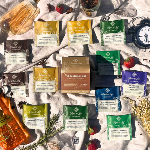 Piper and Leaf Caffeinated Tasting Flight - Box of 12 Tea Bags featuring 8 unique caffeinated tea blends, packaged for sampling.