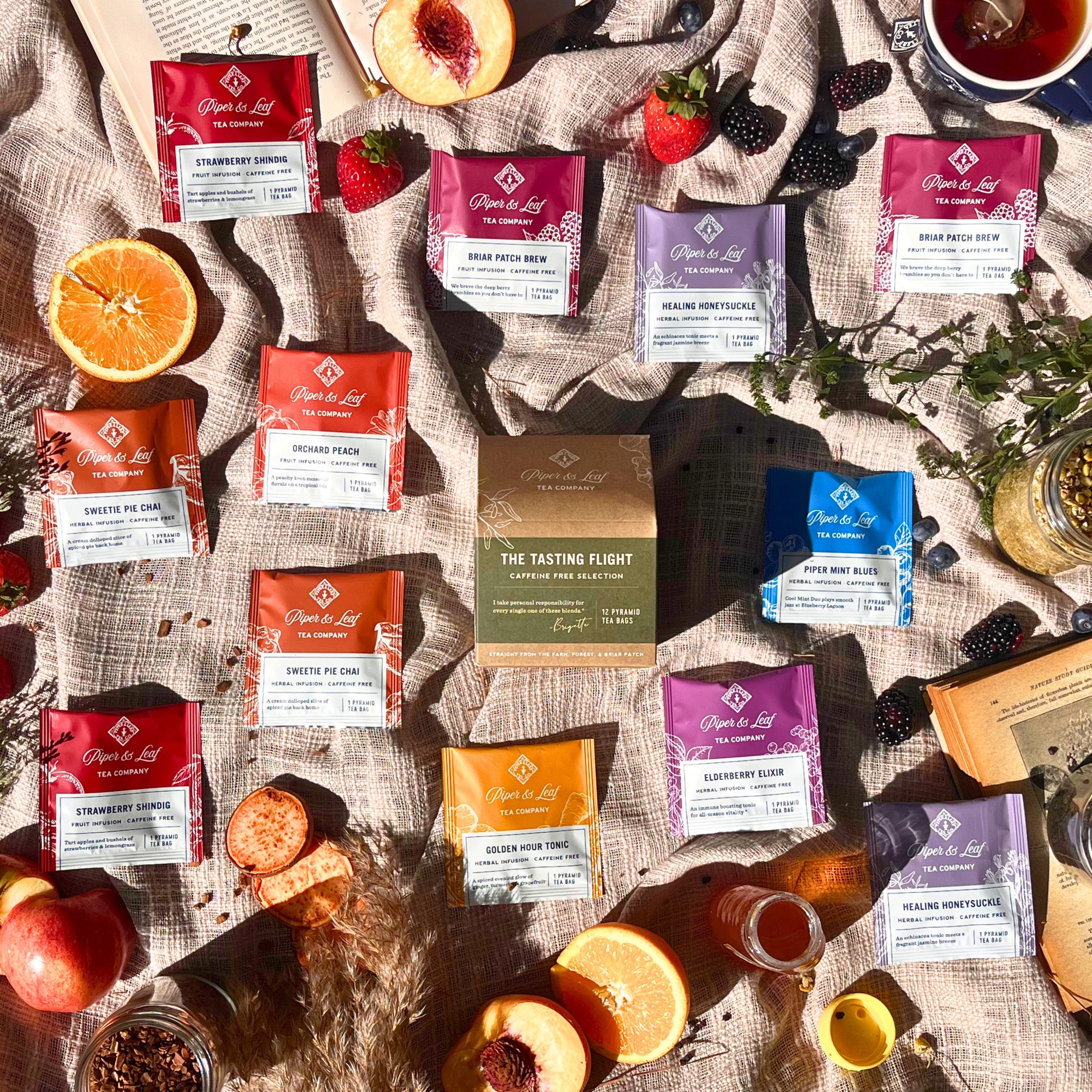 Piper and Leaf Caffeine Free Tasting Flight - Box of 12 Tea Bags, featuring assorted caffeine-free tea blends individually wrapped.