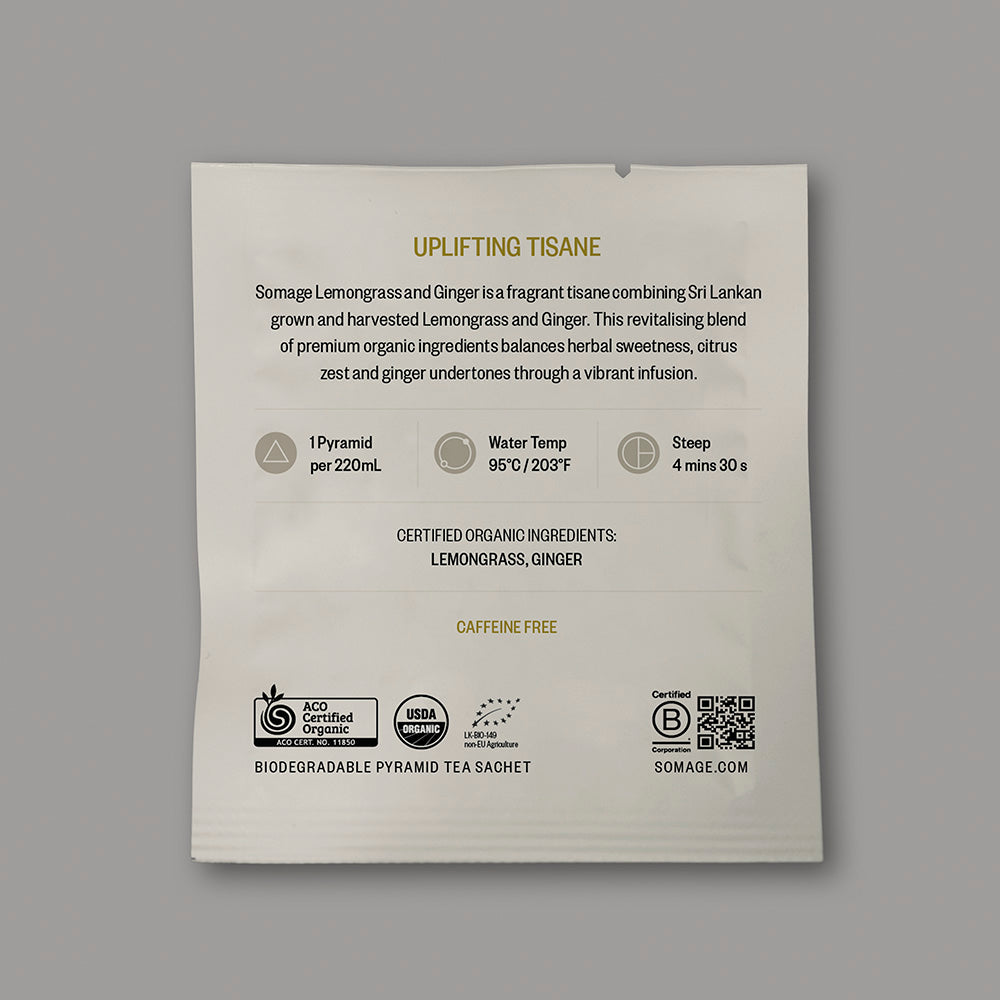 Lemongrass & Ginger Pyramid Sachet (individually wrapped) by Somage USA, shown in a clear packaging with herbal design.