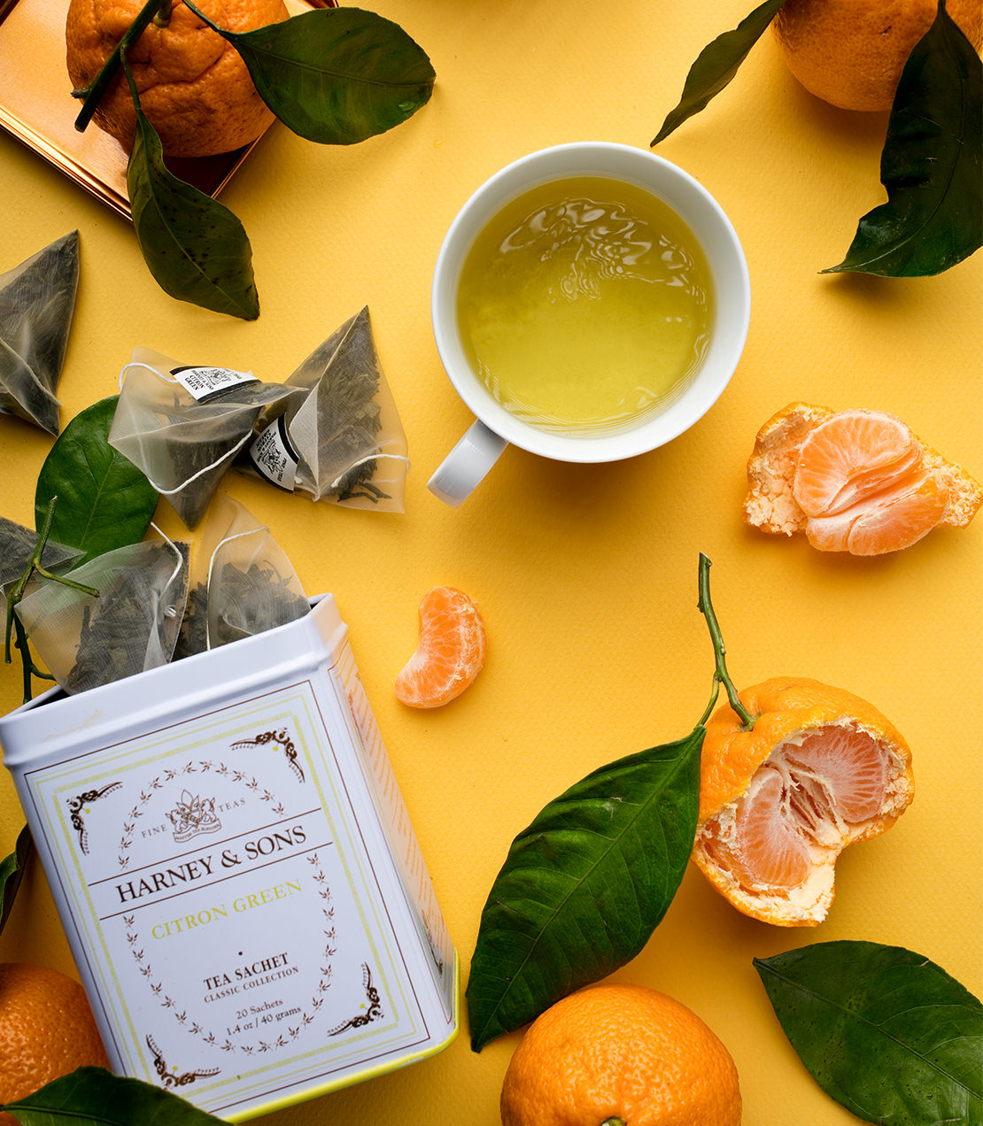 Harney & Sons Citron Green, Classic Tin of 20 Sachets with citrus notes and orange flavors in a recyclable tin.