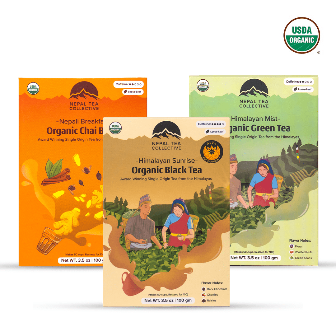 The Classic Tea Bundle by Nepal Tea featuring Kanchanjangha Noir, Kanchanjangha Verde, and Nepali Breakfast teas.