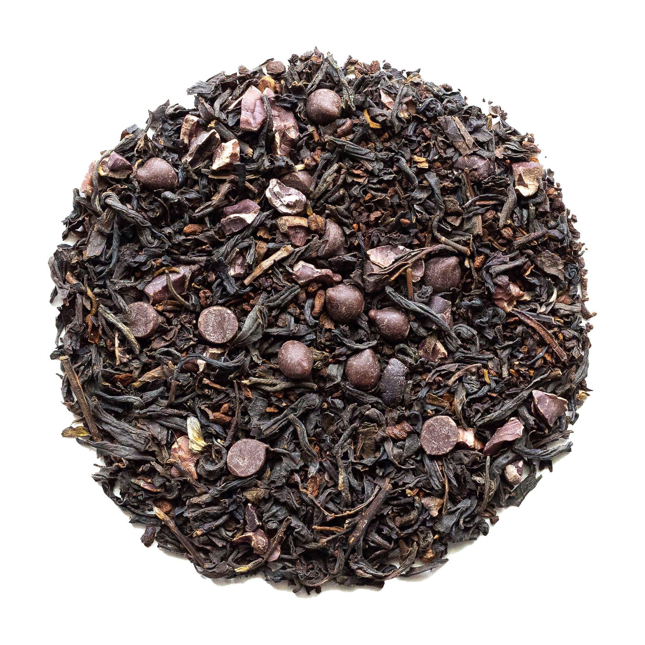 Beach House Cape Lookout Mocha loose-leaf black tea blend with organic cacao nibs and chicory root, displayed in a tea infuser.