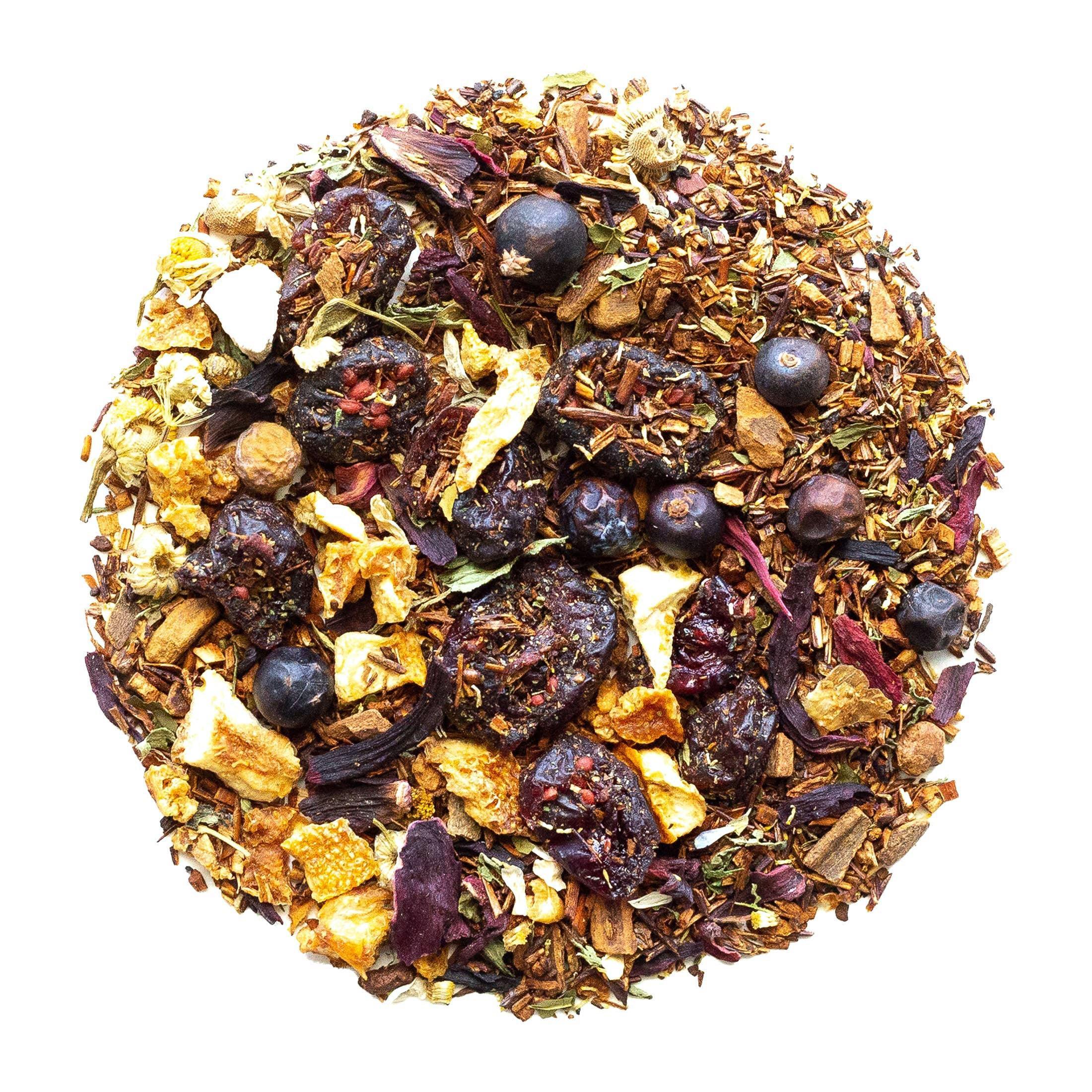 Beach House Coastal Wonderland organic loose leaf tea, featuring cranberries, rooibos, and orange peels in a clear package.
