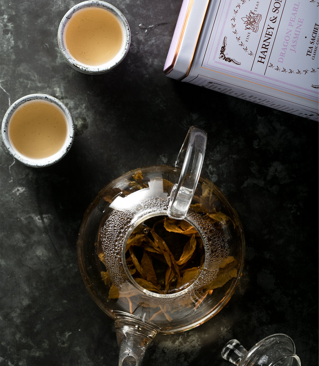 Harney & Sons Dragon Pearl Jasmine, Classic Tin of 20 Sachets, featuring hand-rolled tea pearls and eco-friendly packaging.