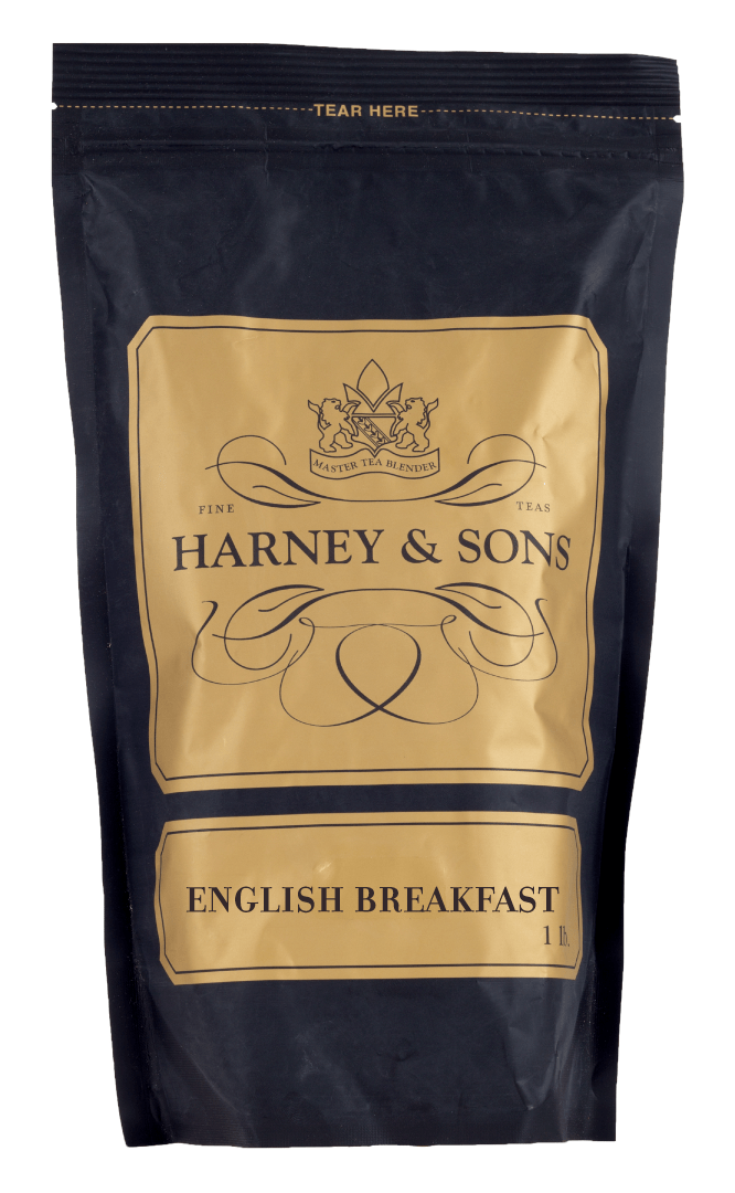 Harney & Sons English Breakfast tea package, featuring a sealed bag of loose-leaf black tea by Harney & Sons.