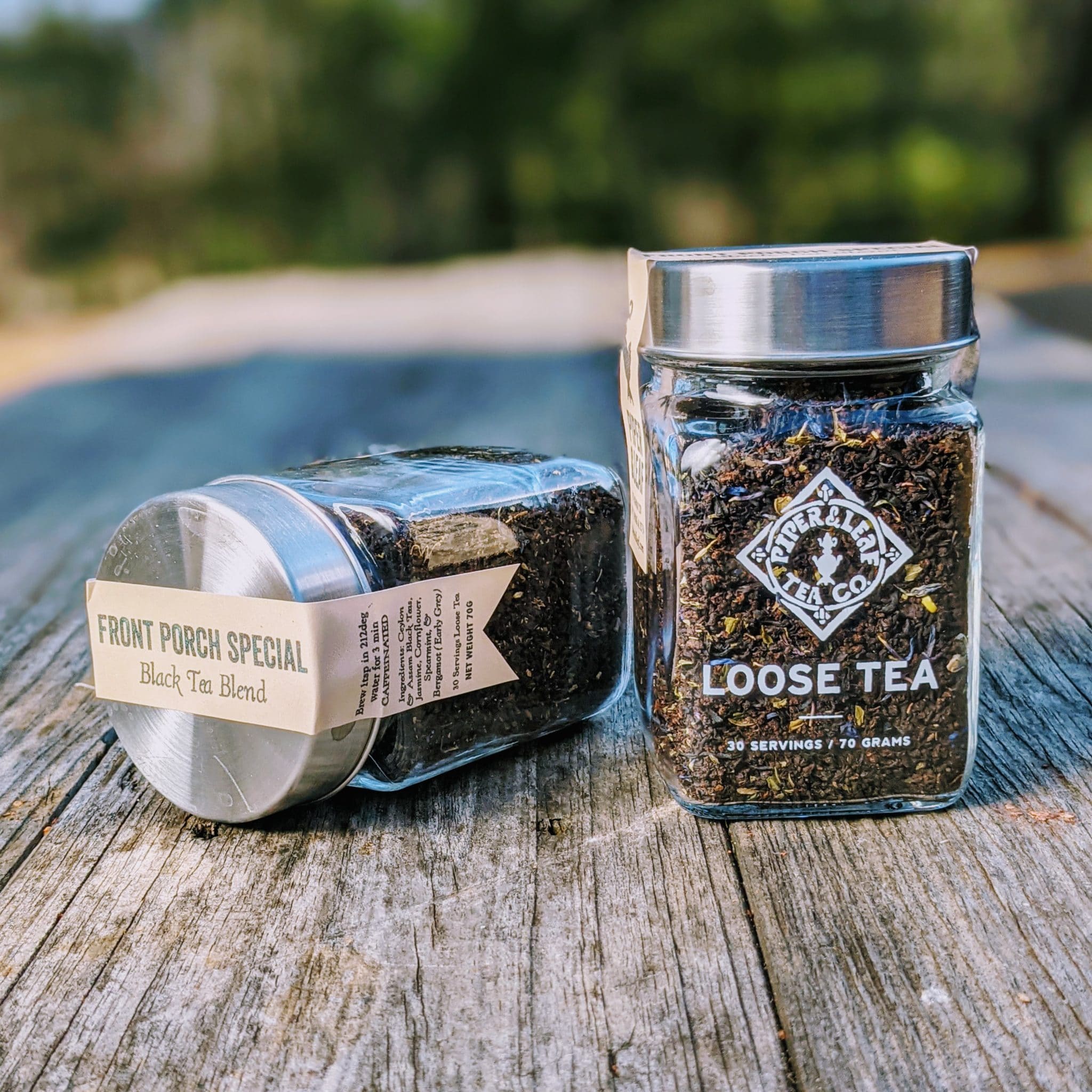Piper and Leaf Front Porch Special Glass Jar of Loose Leaf Tea - 30 Servings displayed in a clear glass jar.