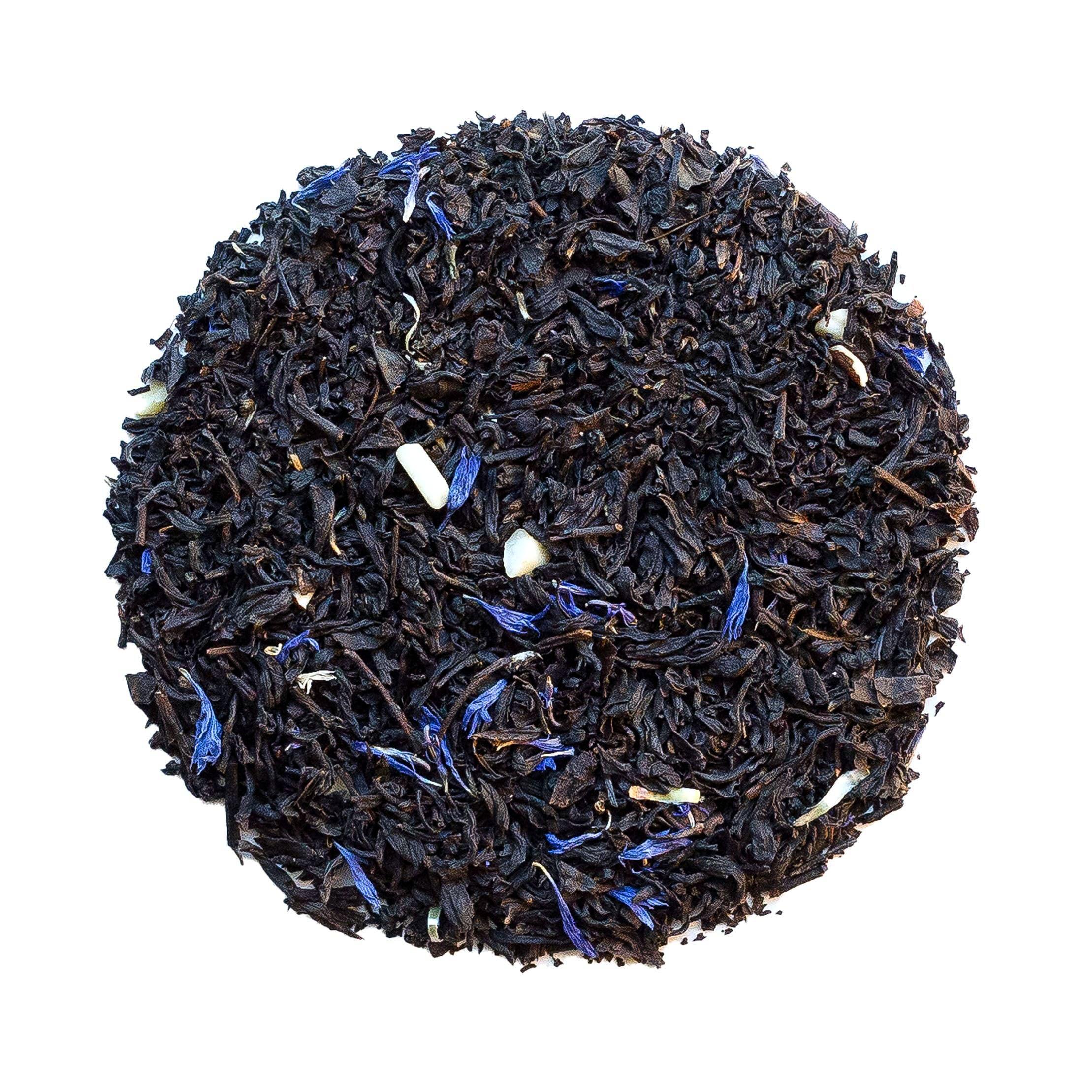 Beach House Northern Twilight Black Tea, featuring loose-leaf tea with almond pieces and cornflowers, ideal for winter mornings.