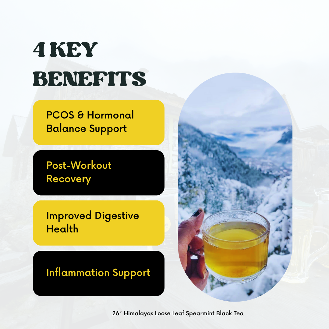 Danfe Himalayas Loose Leaf Spearmint Black Tea in a green aesthetic setting, highlighting its health benefits.