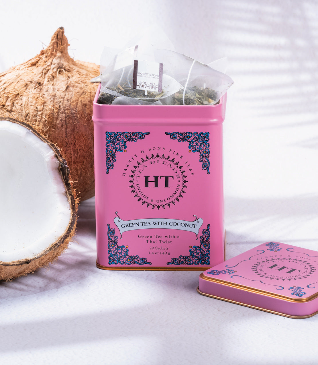 Harney & Sons Green Tea with Coconut, HT Tin of 20 Tea Sachets displayed in a mood setting