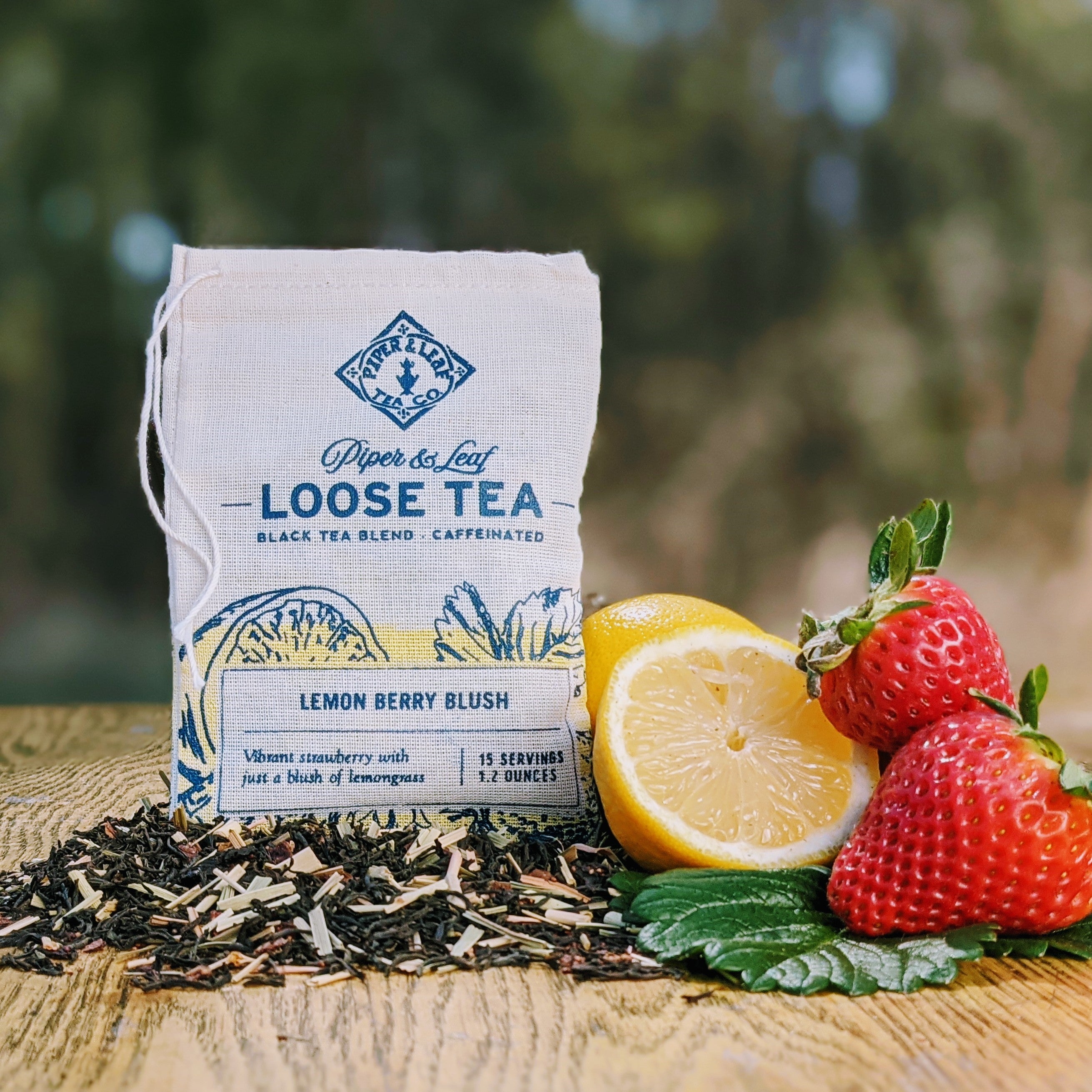 Piper and Leaf Lemon Berry Blush Muslin Bag of Loose Leaf Tea - 15 Servings, featuring ingredients: Ceylon black tea, lemongrass, strawberries.